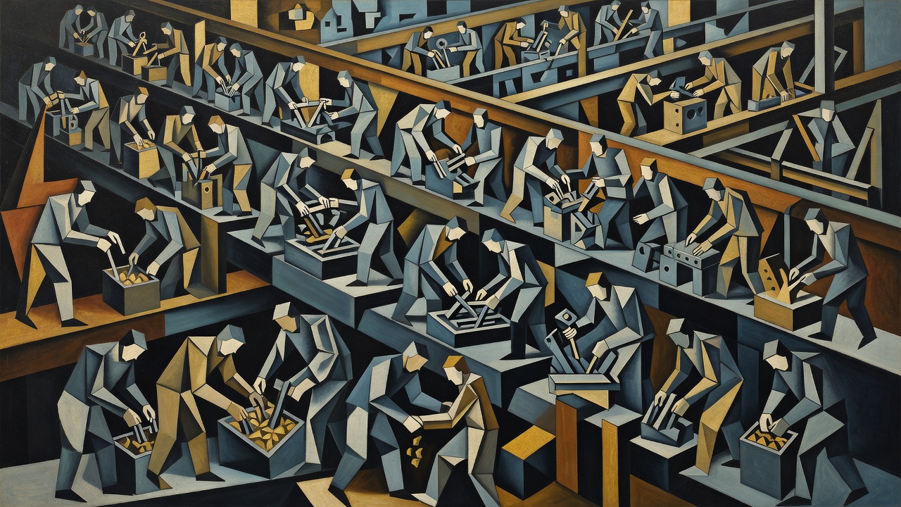 Cubist painting of an abstract industrial economy with angular labour figures placed at different depths along a stepped river of time, suggesting the stages of Böhm-Bawerk's roundabout production.