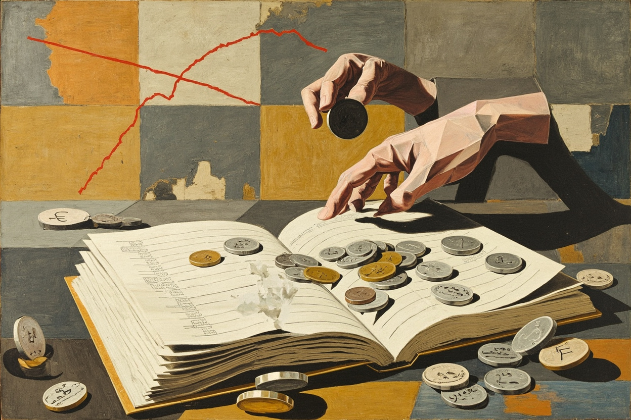 Cubist painting of a fragmented ledger and a split cash-equity coin being taken by a faceted hand, against an ochre and slate-grey geometric background.