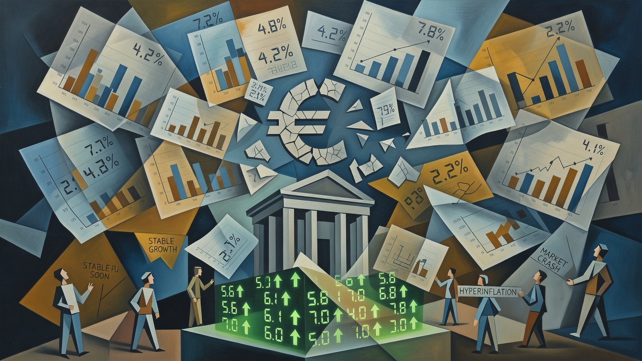 Cubist painting of fragmented inflation questionnaires floating around a fractured euro symbol above a classical bank facade, with a glowing green prediction-market ticker emerging at the bottom and small geometric consumer figures feeding opinions at different angles.