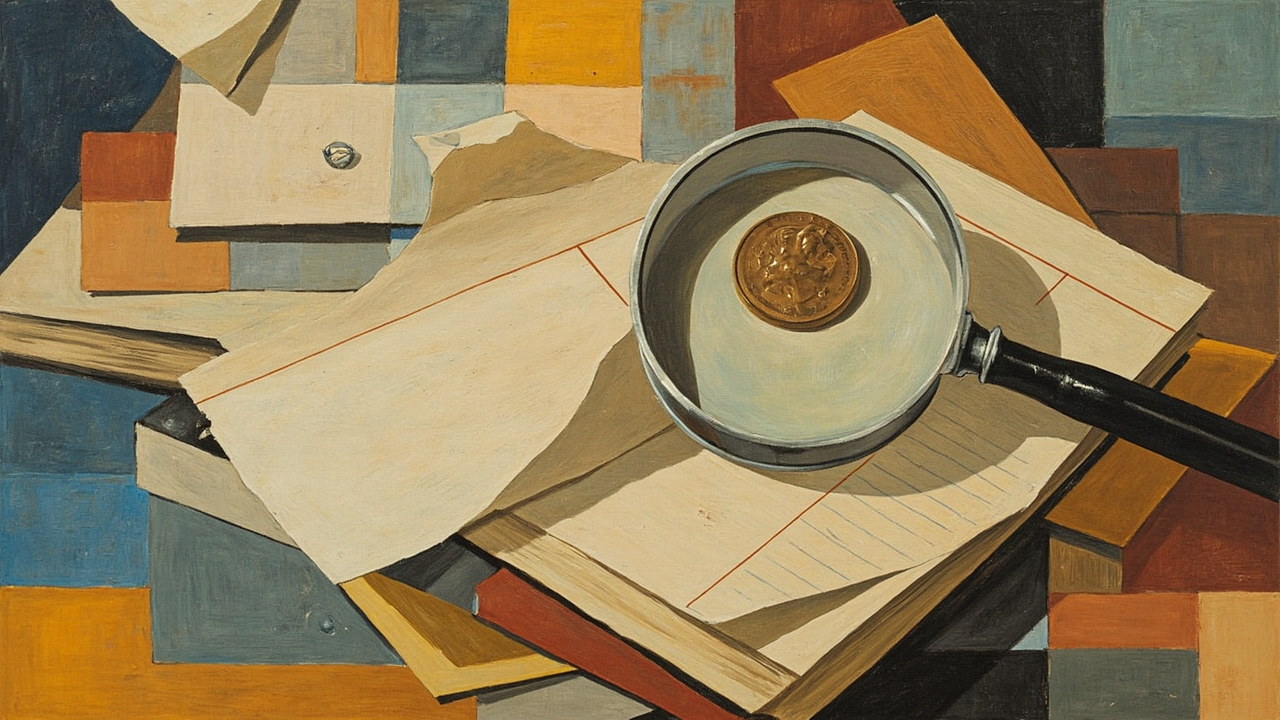 Cubist painting of stacked government paperwork and ledgers, fragmented into geometric planes, with a single coin suspended between a magnifying glass and a wallet.