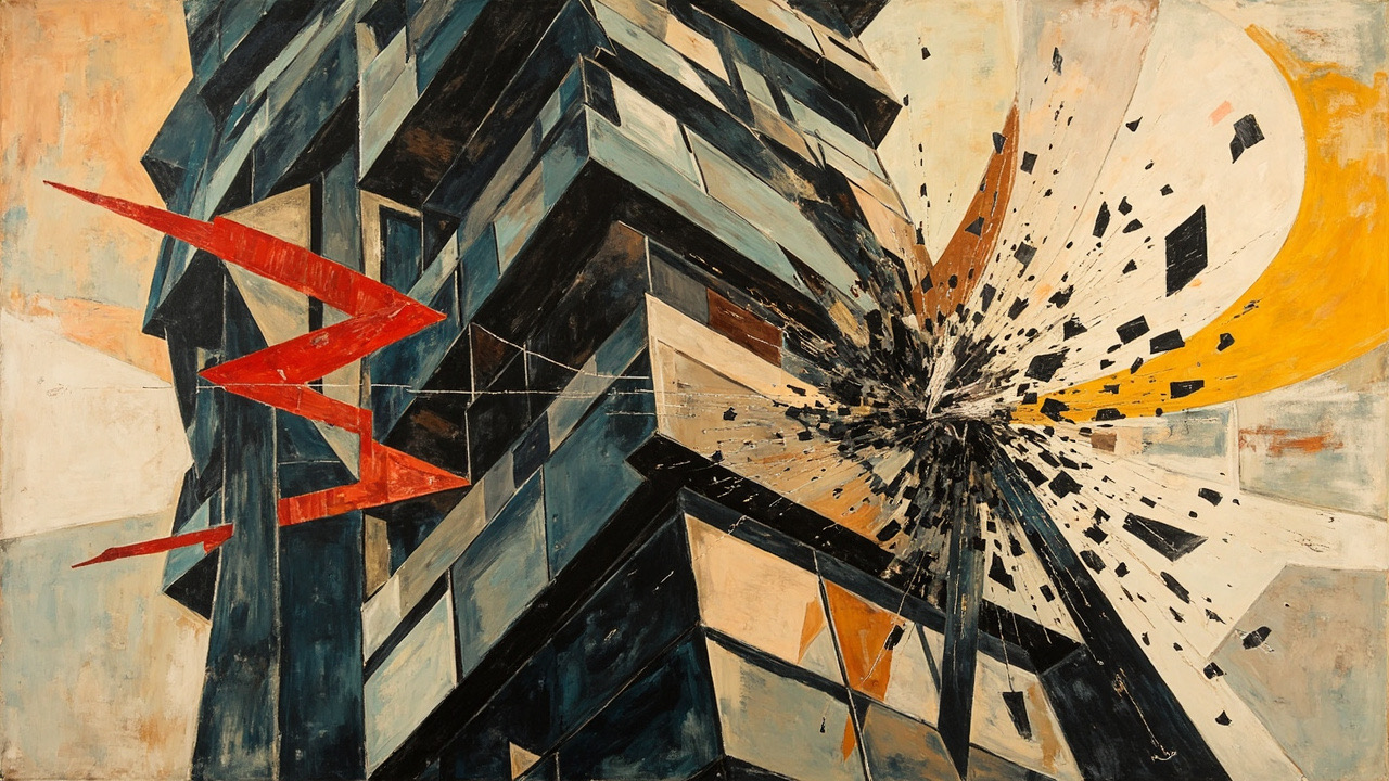 Cubist composition of the European Central Bank headquarters in Frankfurt, fragmented into geometric planes with diagonal red rate-hike arrows cutting across and a yellow price-curve fracturing on the right.