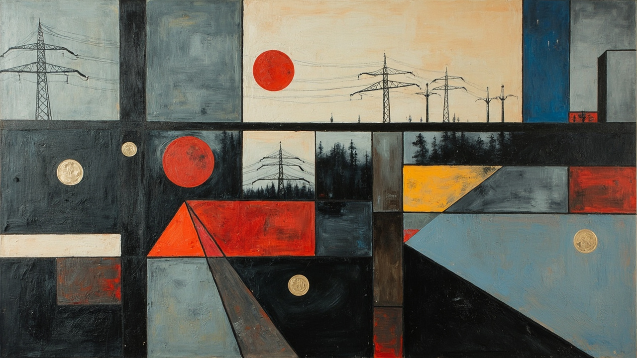 Cubist composition of an administered price ceiling over a fractured gas-and-electricity grid: angular planes of slate grey and industrial red, with a single flat horizontal cap line cutting across the top of the frame and small yellow kilowatt-hour fragments scattered beneath it like coins that no longer buy the heat they used to.