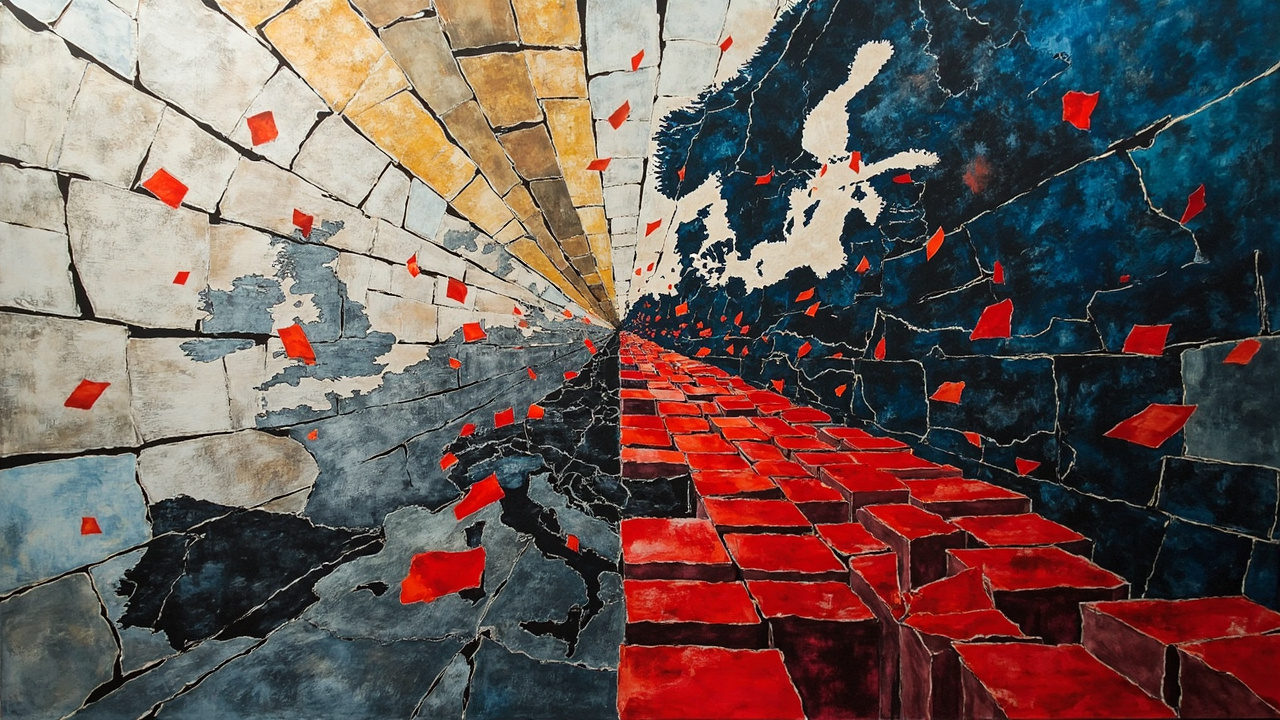 Cubist composition of a vast regulatory ledger fractured by angular planes of regulatory red tape, with thousands of small licence applications scattered like broken tiles across a fractured EU map, one narrow authorised corridor leading to a distant compliant future.