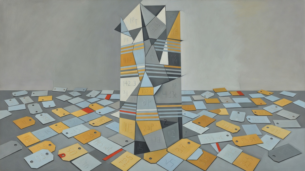Cubist composition: a single angular column of index numbers rising out of a fractured grid of thousands of smaller price tags, painted in Treasury grey and the warm ochre of 1955 base-year price weights, with thin horizontal strata of ONS series bands running through the column.