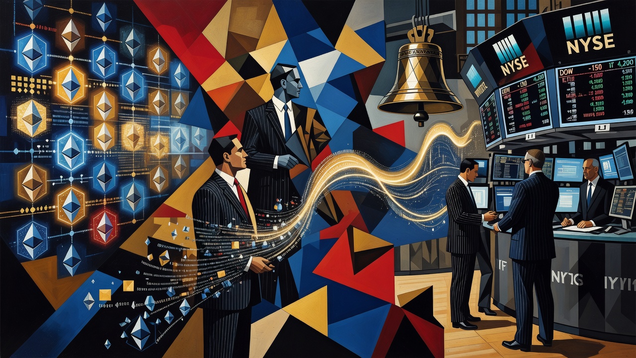 Cubist composition illustrating Wall Street's traditional skyline intersecting with the geometric lattice of a public Ethereum settlement layer