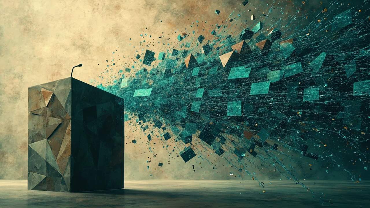 Cubist composition of a faceted lectern on the left dissolving into thousands of small price-tag fragments flowing rightward into a single decision node