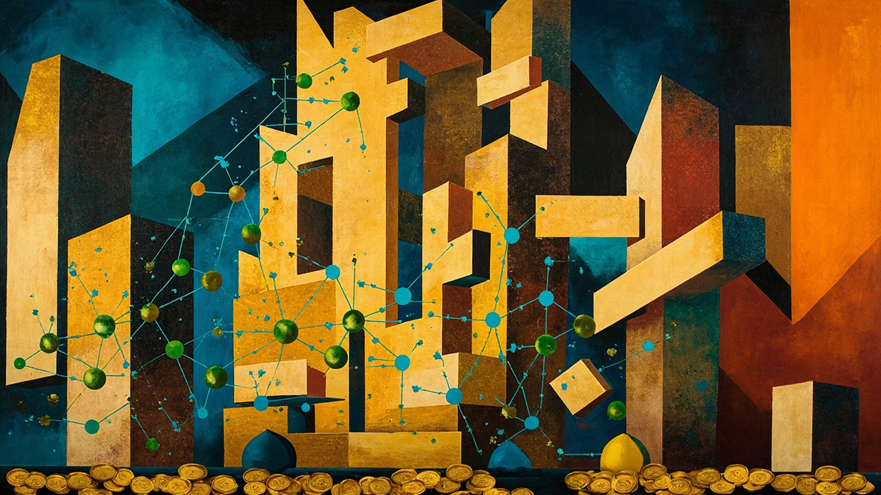 Cubist composition illustrating BlackRock and Ethereum's institutional-permissionless convergence