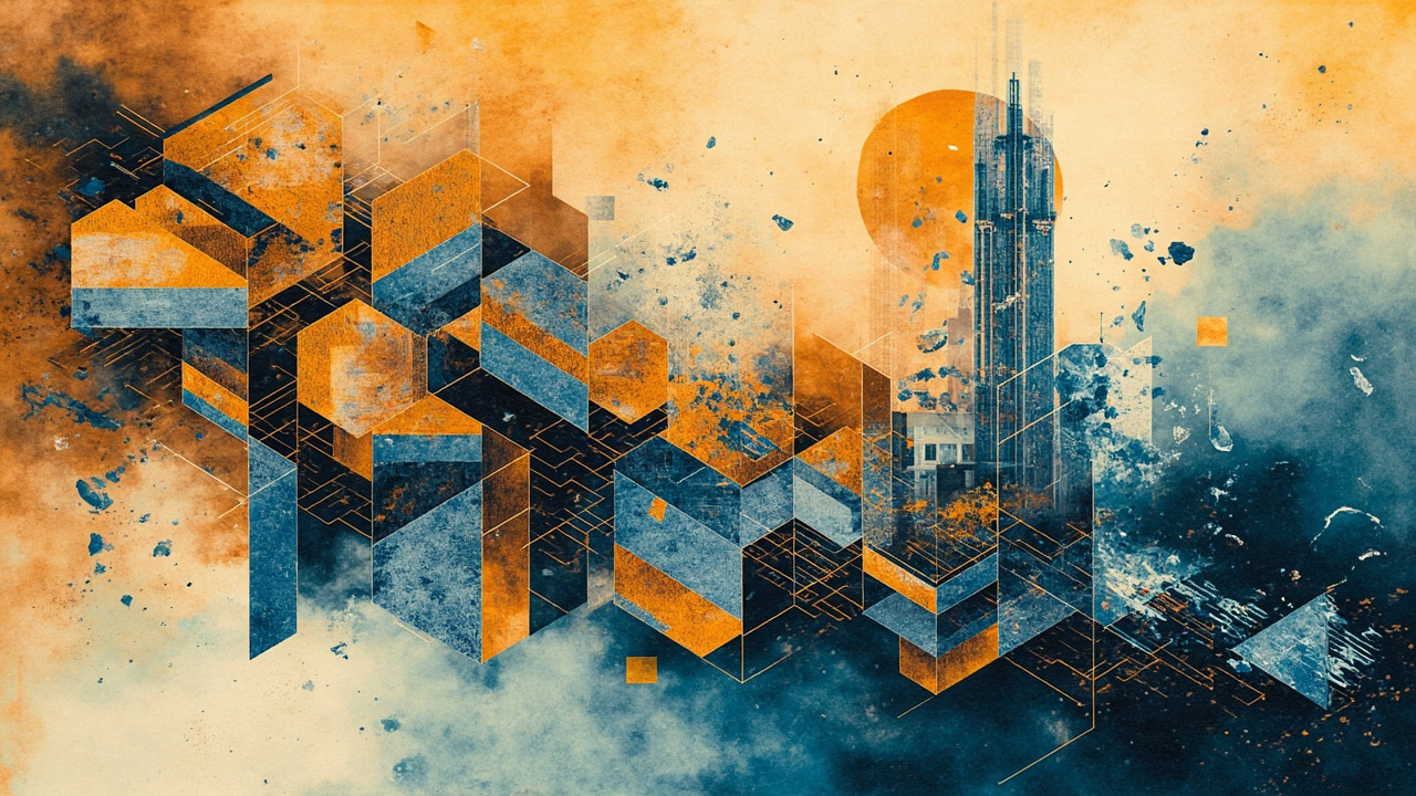 Cubist composition of an interlocking production-network mesh overlaid with the geometric shards of a permissionless Ethereum settlement lattice