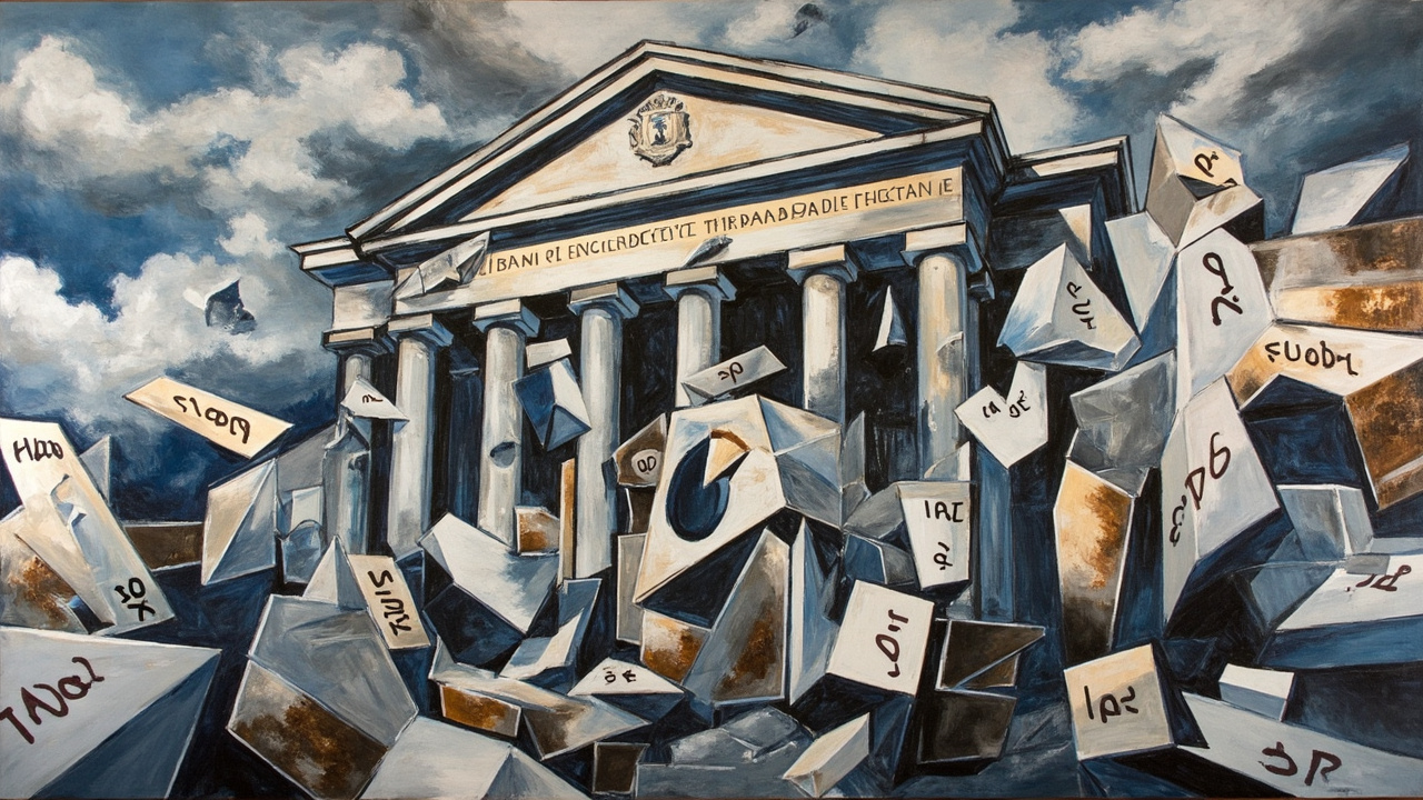 Cubist composition of fractured capital-price dials and bank facades