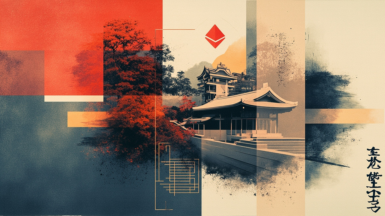 Cubist composition of a Japanese governmental ledger dissolving into Ethereum-mainnet settlement rails