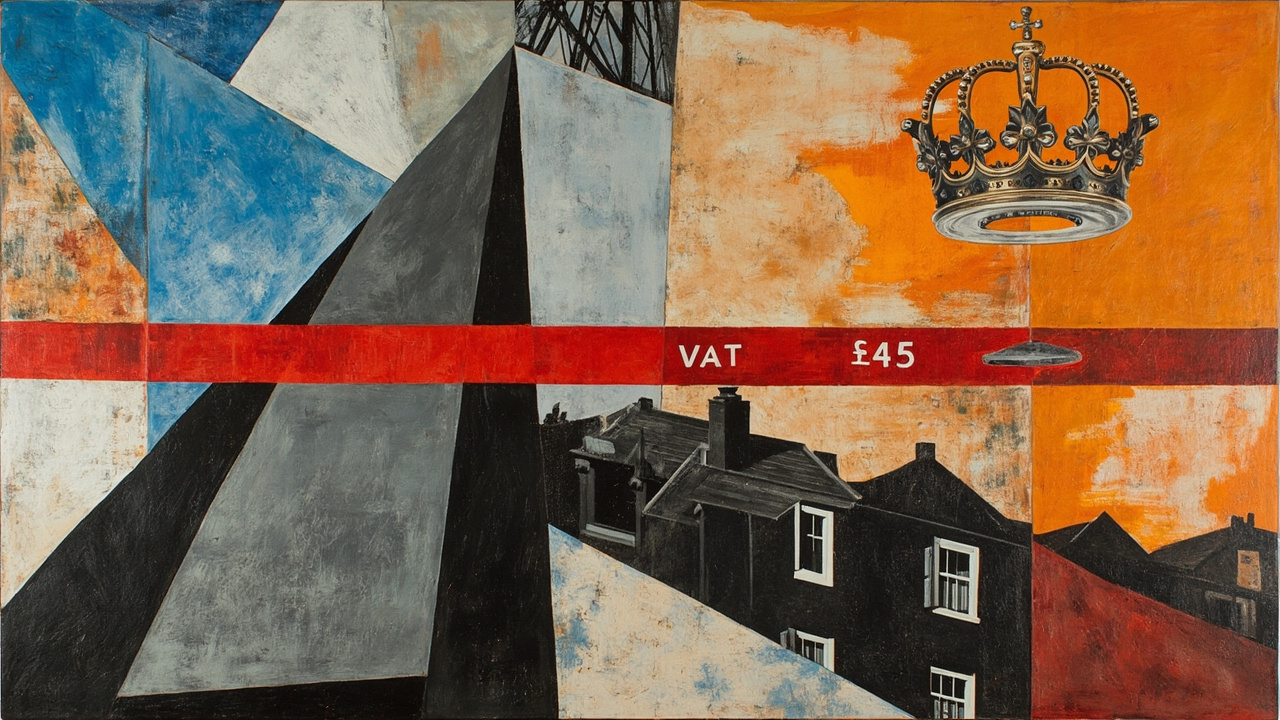 Cubist composition of an administered electricity price: an angular fractured pylon in slate grey, industrial blue and burnt orange, with a flat horizontal VAT receipt stripe cutting across the middle of the frame, and a £45 note fragment withheld from circulation by a paper crown above.