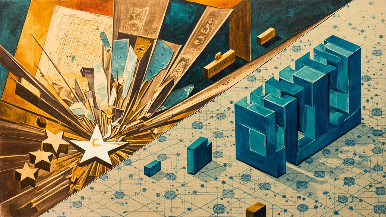 Cubist composition contrasting a fractured Commission planning desk stacked with EU stars and grant paperwork on one side, against an angular lattice of ETH-blue validator prisms resting on a permissionless mesh on the other