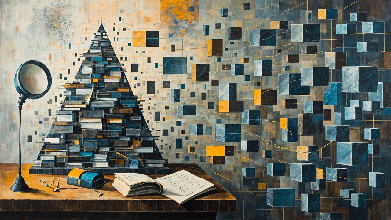 Cubist composition contrasting a centralised ECB supervisory pyramid against a dispersed lattice of 110 angular risk towers and an ETH-blue Aave lending lattice