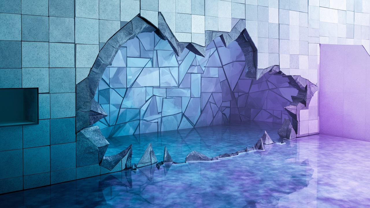 Cubist composition of an angular EU regulatory perimeter dissolving at its edges into a continuous pool of on-chain liquidity