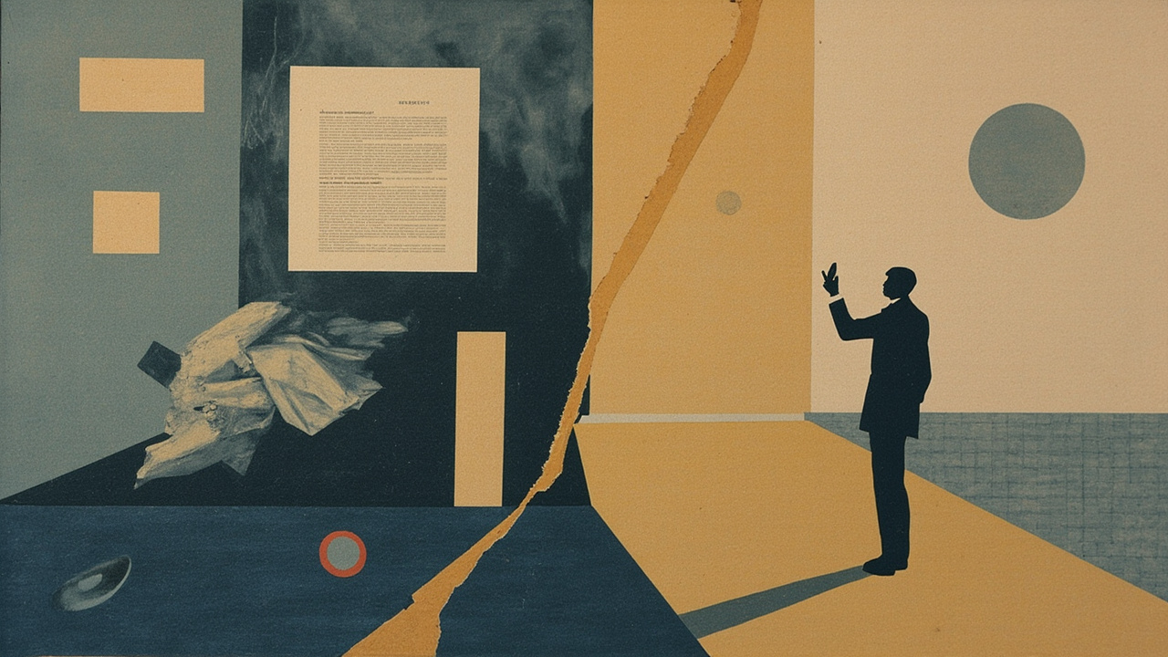 Cubist composition of two panels — on the left, an opaque rule book declaring disclosure obligations over an unowned output; on the right, a single human figure at the edge of a settlement network, attesting presence against the output without asking permission