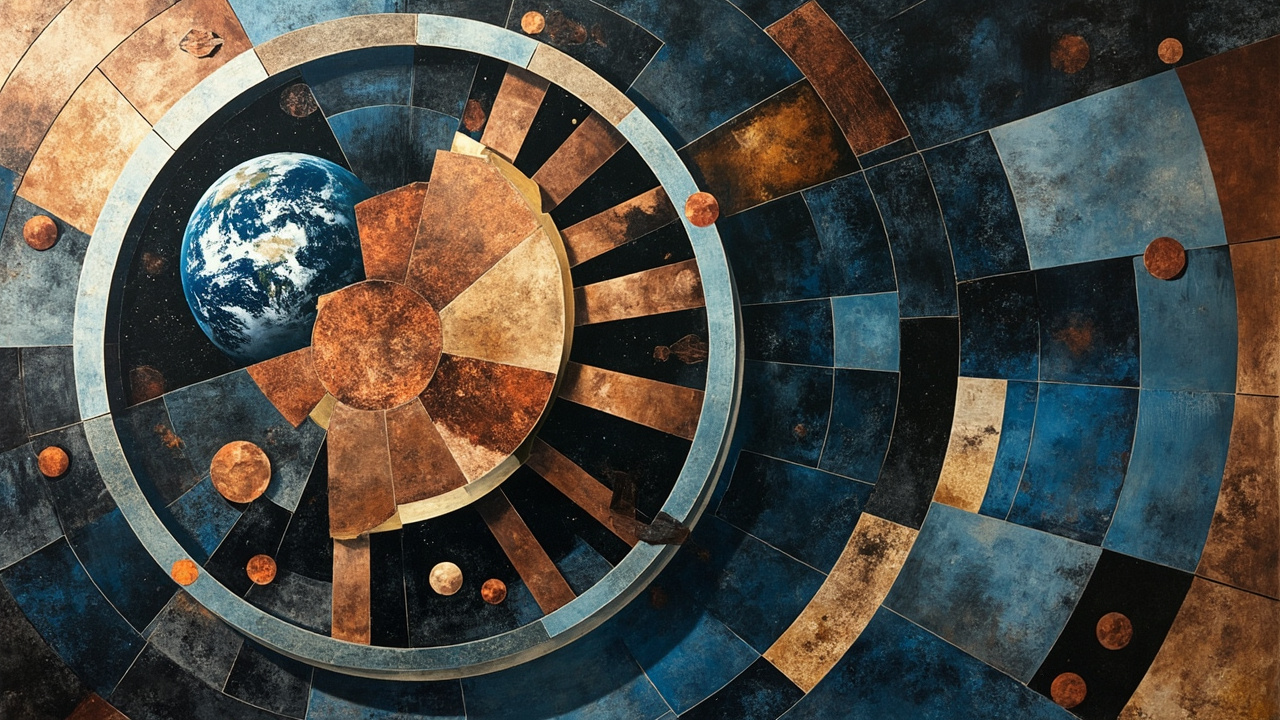 Cubist composition: a single committee table viewed from above, surrounded by fragmented orbital arc segments, satellite silhouettes in glass-and-steel cubist style scattered across overlapping geometric planes, each fragment reflecting a different perspective of the same constellation