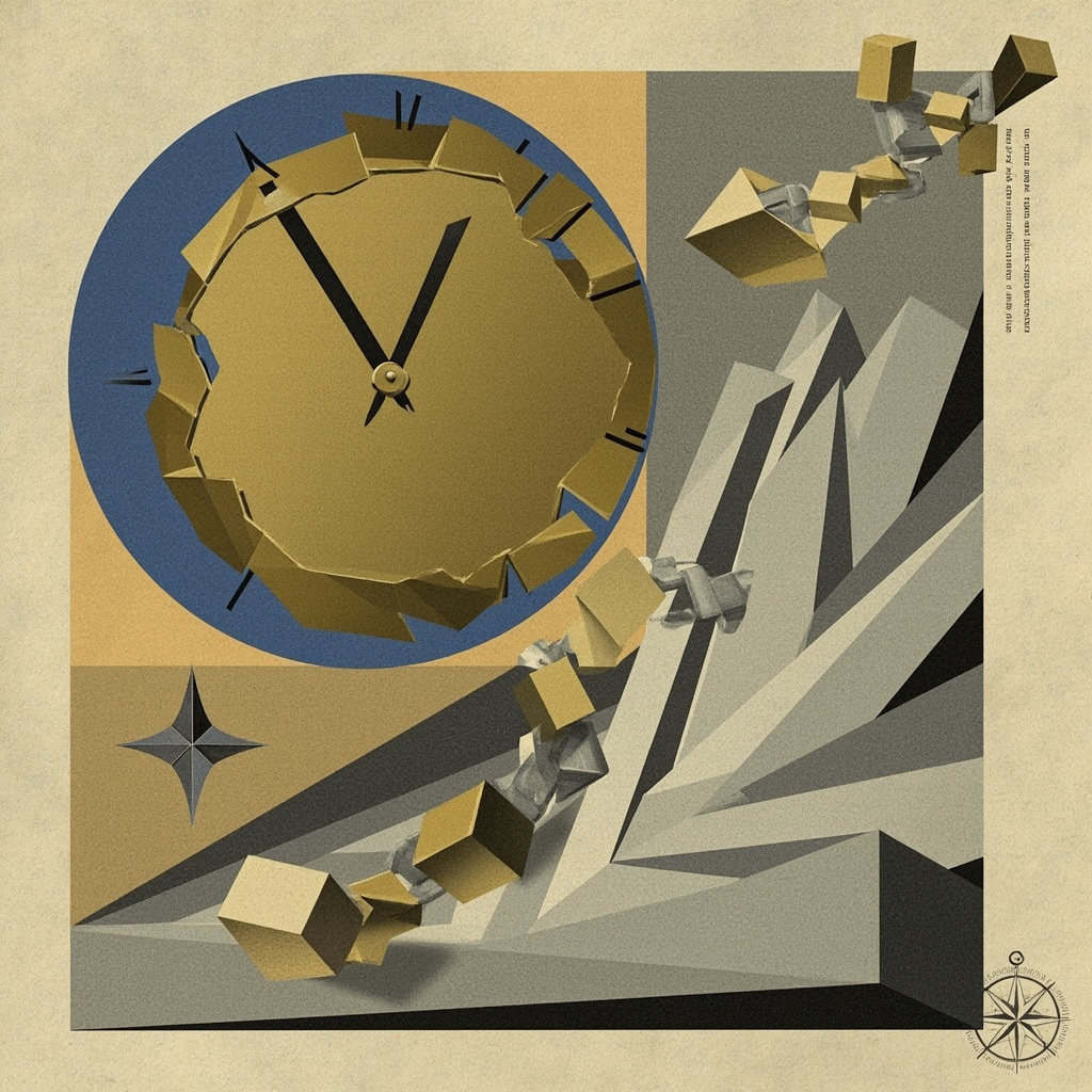 Cubist composition illustrating a fractured clock face whose hour hand detaches and drifts free of the surrounding regulatory geometry