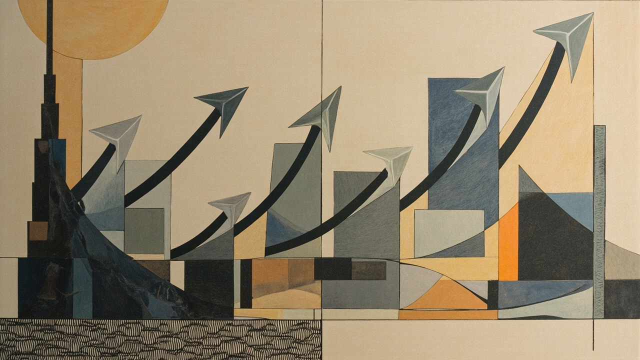 Cubist composition of regulatory scaffolding pillars and rule-books on the left, being progressively dissolved and replaced by emergent price-signal arrows arcing upward; layered faceted panels on the right depicting extended warranties, package holidays, and retail banking as cubist geometric planes; a lattice chain motif anchoring the base in ochre, slate, and ivory tones