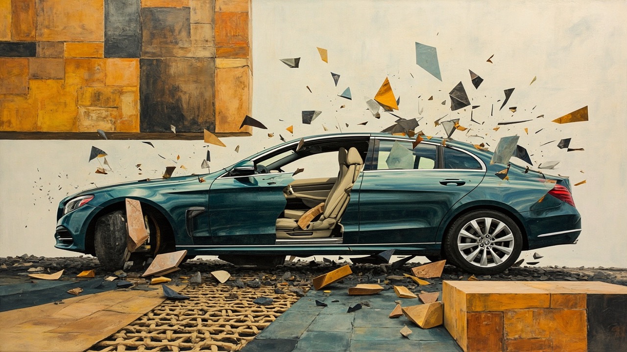 Cubist composition of a European automobile shattered into recycled-plastic, steel and aluminium planes, pressed by a bureaucratic slab on the left and reassembled by decree on the right, with a gold-and-navy settlement lattice along the base