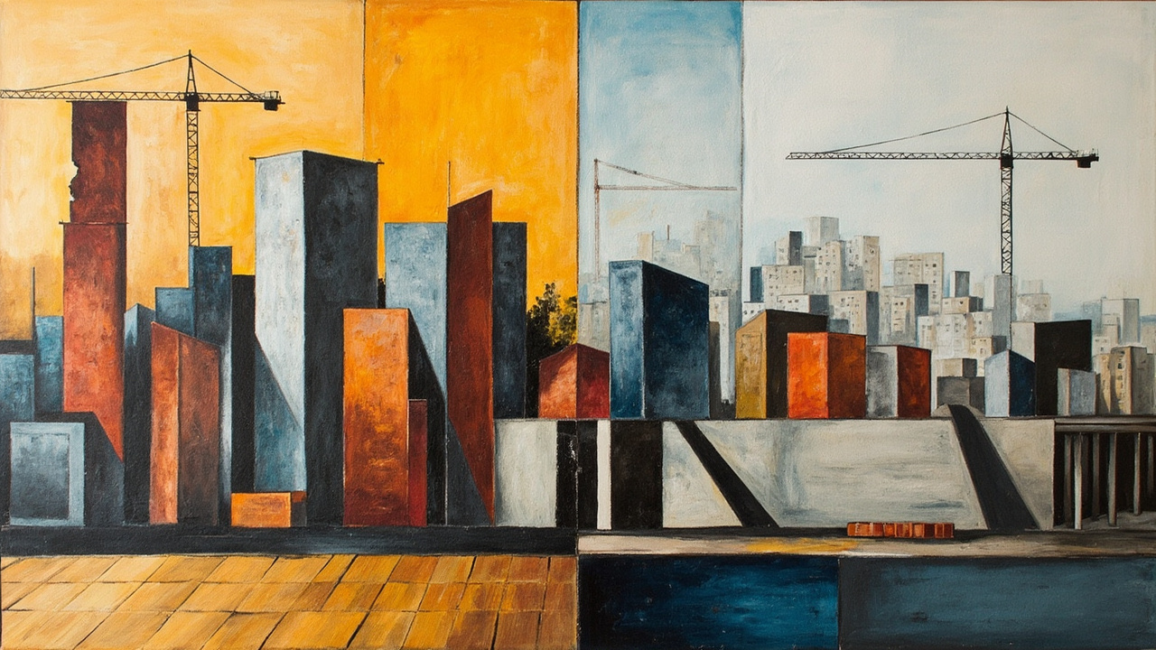 Cubist composition of unfinished European apartment blocks dissolving into empty geometric voids on the left, with solid grey civil-engineering slabs of bridges and road decks on the right, and a gold-and-navy settlement lattice along the base