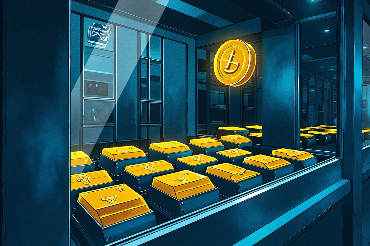 Cubist editorial illustration of a glass-walled bank vault holding rows of polished gold bars, with a single token-like form floating above the vault against a deep institutional blue and gold field