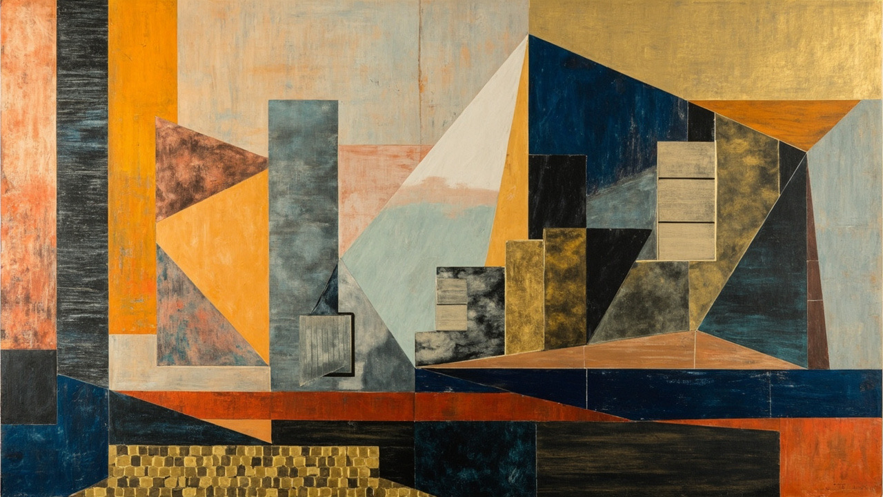 Cubist geometric composition: angular data-centre halls and server racks in ochre and slate planes on the left; translucent gold and navy software lattices stacking into a taller capital structure on the right; a grey official ledger being overwritten by market geometry; hexagonal Ethereum settlement lattice in gold and deep navy along the base.