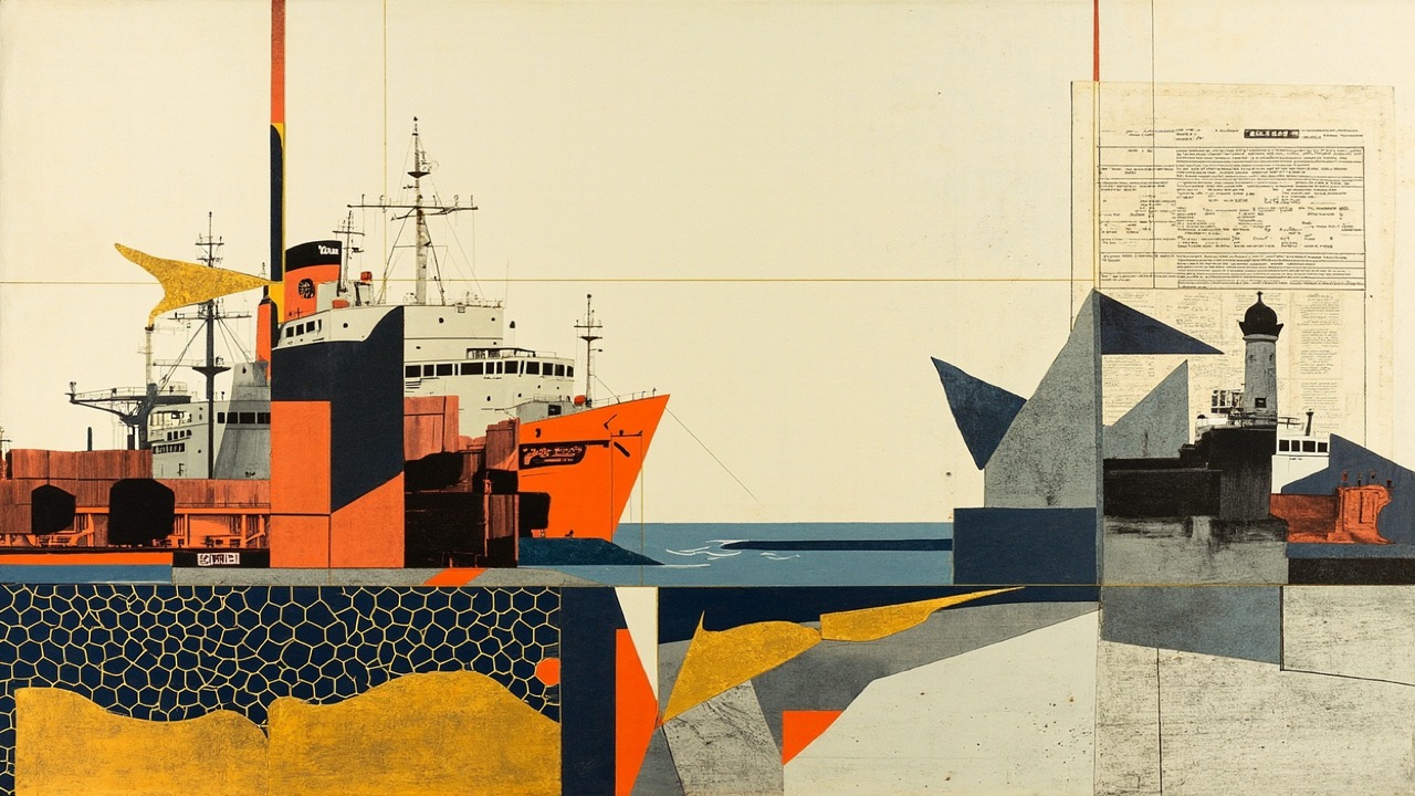 Cubist harbor of rust and ochre tanker hulls already crossed by gold price arrows, with a grey official deficit ledger arriving late on the right and a gold-and-navy hexagonal settlement lattice along the base