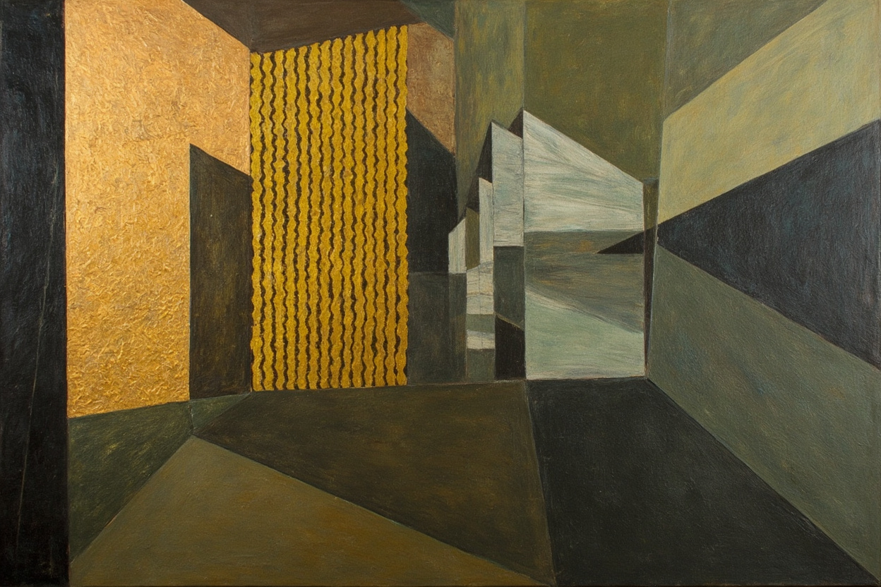 Cubist composition of a completed gold hexagonal settlement lattice in the foreground, with delayed grey tax-table columns arriving behind it