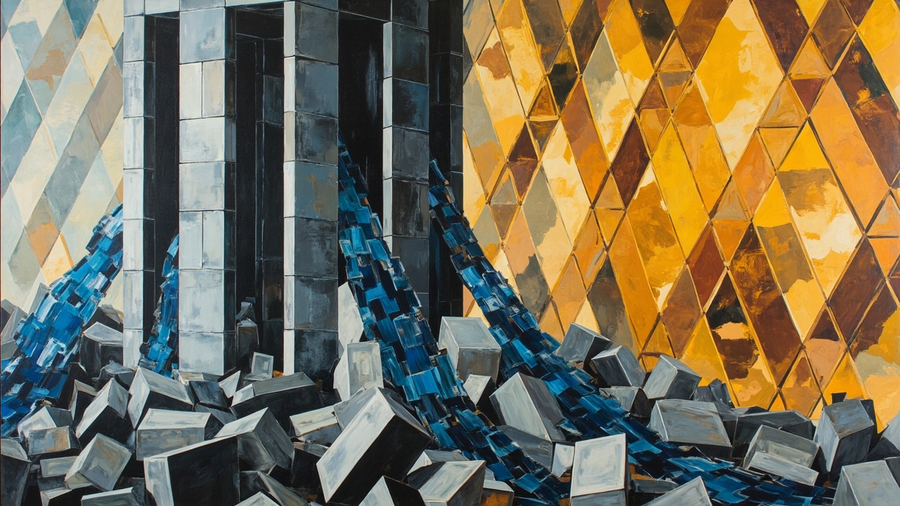 Cubist composition of a grey administered Treasury vault draining blue reserve streams, set against a gold lattice that continuously reprices