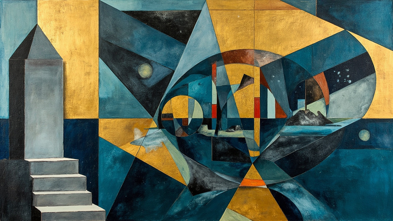 Cubist composition of a Pacific trade map fracturing into gold exchange planes while a grey committee ledger sits unused