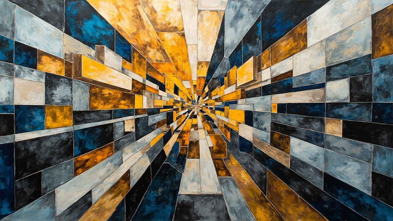 Cubist composition of a fractured statistical ledger breaking into gold exchange planes while energy-coloured shards outrun a grey weighted basket