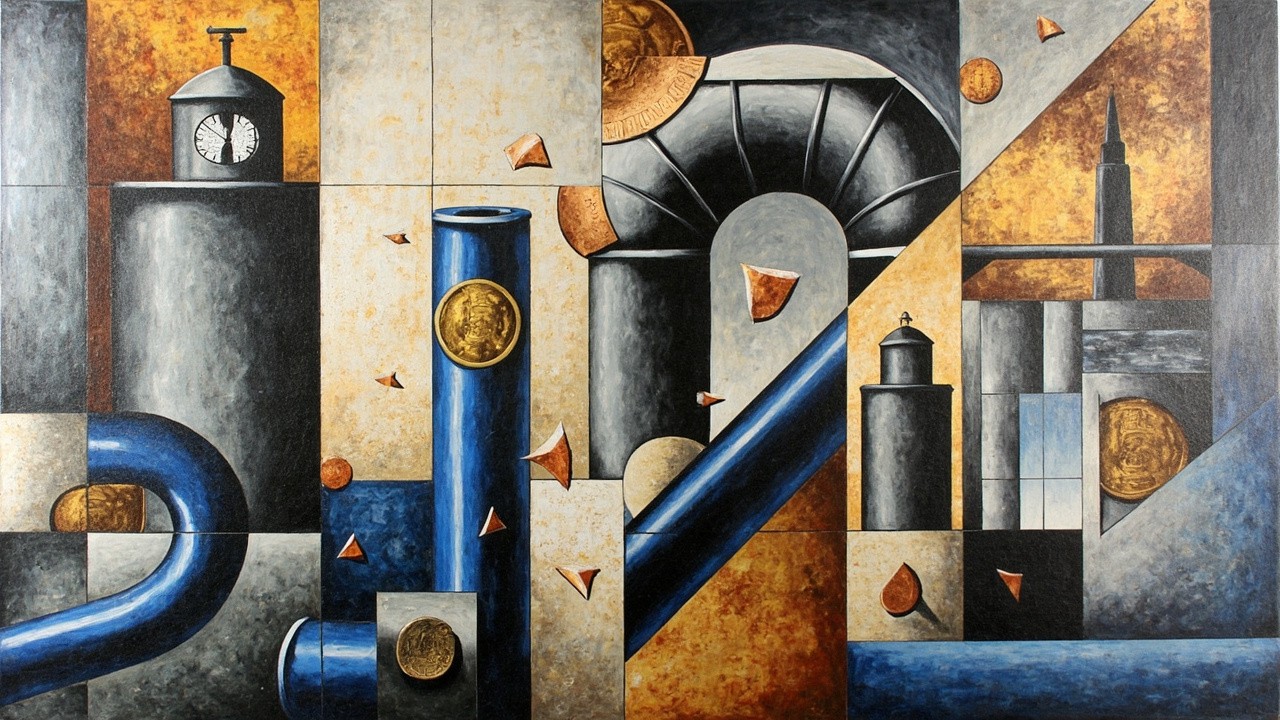 Cubist composition of a fractured water tower and grey committee ledgers breaking into gold exchange planes while blue pipes refuse a posted fair-price stamp