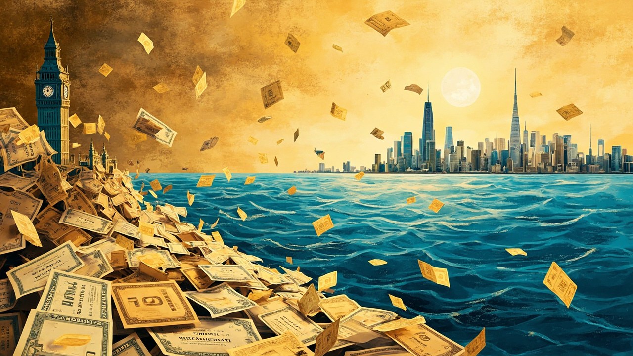 Cubist editorial of paper share certificates fading into tokens drifting across an ocean