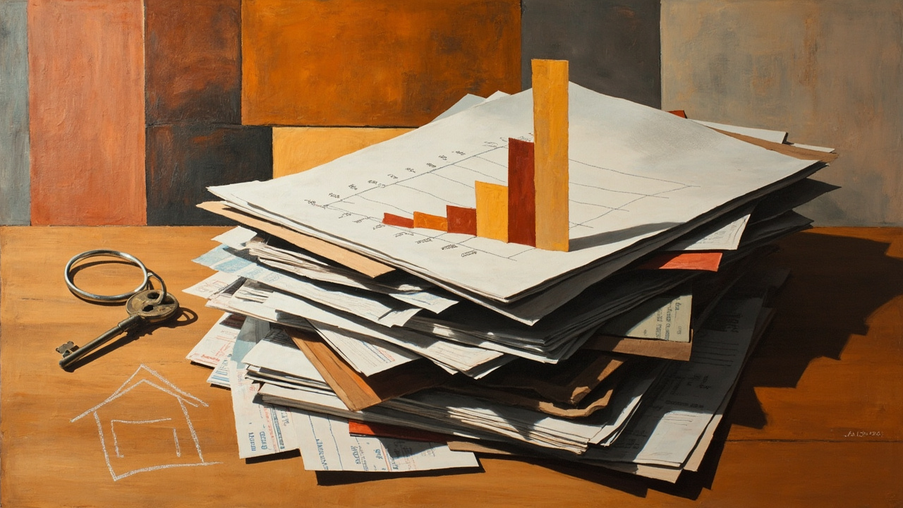 Cubist painting of household paperwork and statistical charts fragmented into geometric planes, with a small house outline and single key on a wooden table.