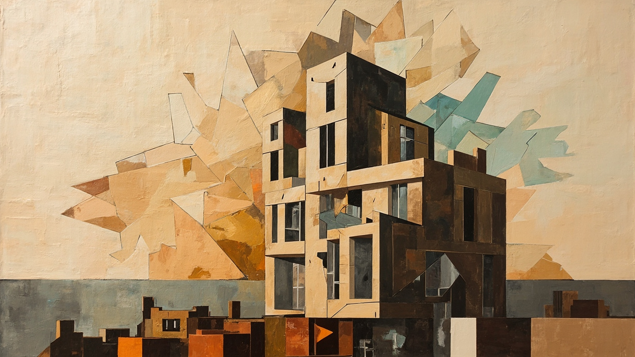 Cubist painting of a New York brownstone, one window frozen mid-shatter as a flat price-tag.