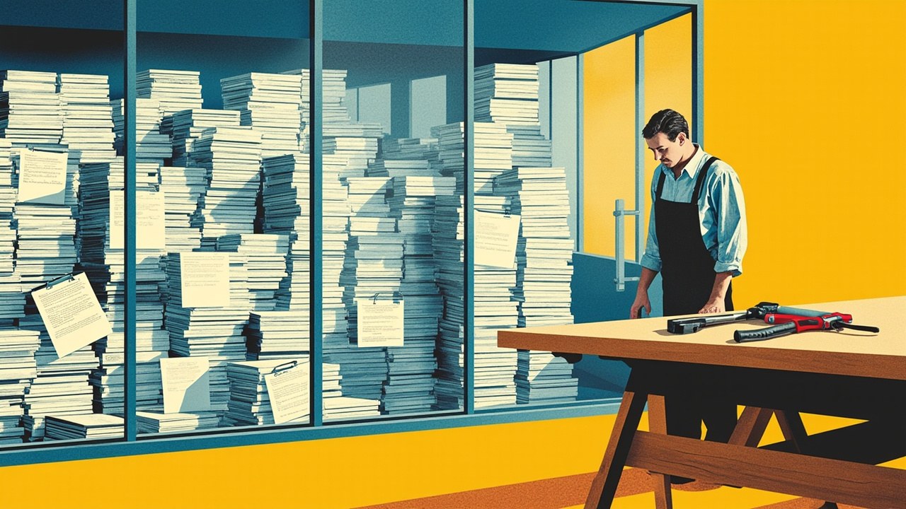 Cubist editorial: stacked registration forms in a glass office opposite a small builder's workshop