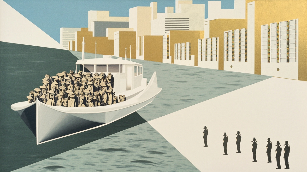 Cubist editorial of a crowded geometric dinghy beside stacked hotel blocks and rows of beach officers