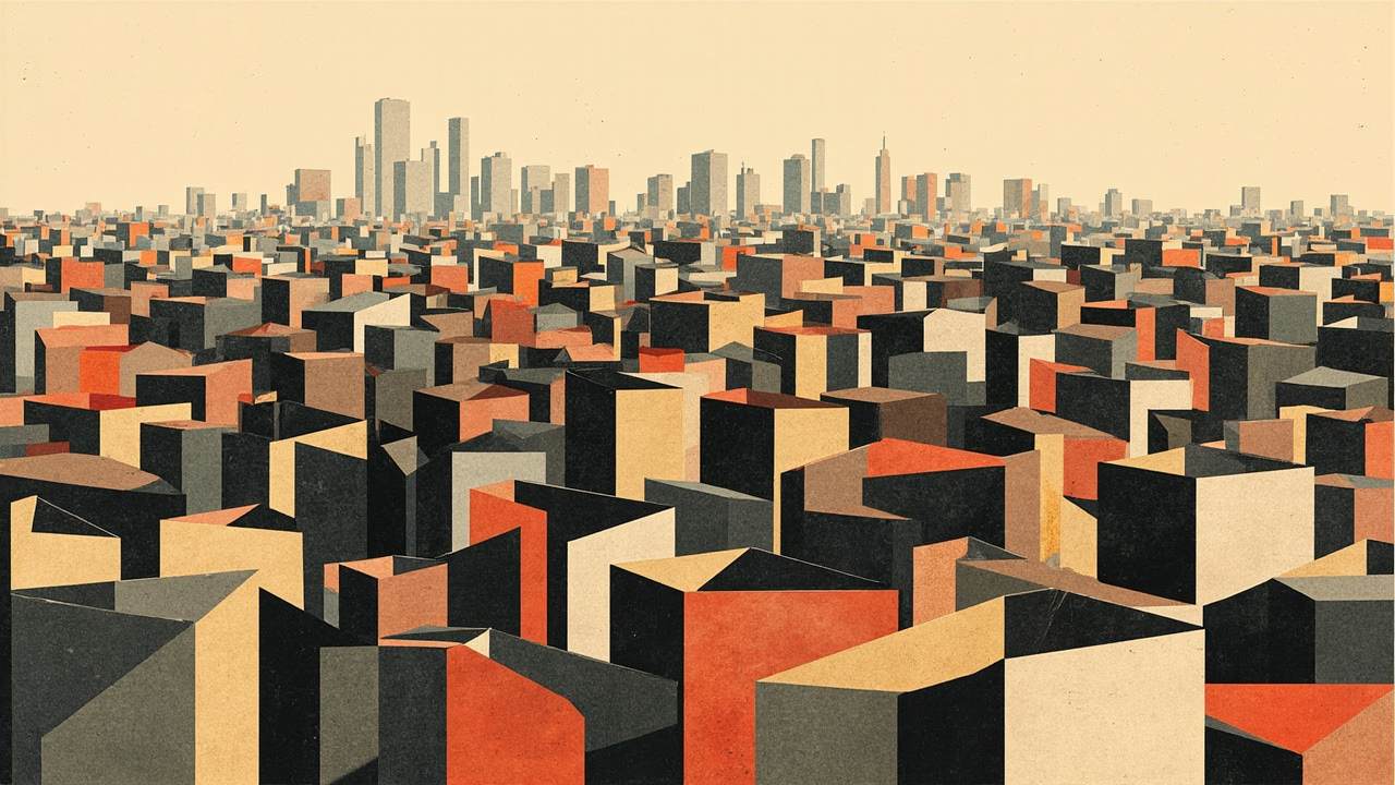 Cubist editorial of a tiny geometric terrace set against a vast faded postwar skyline