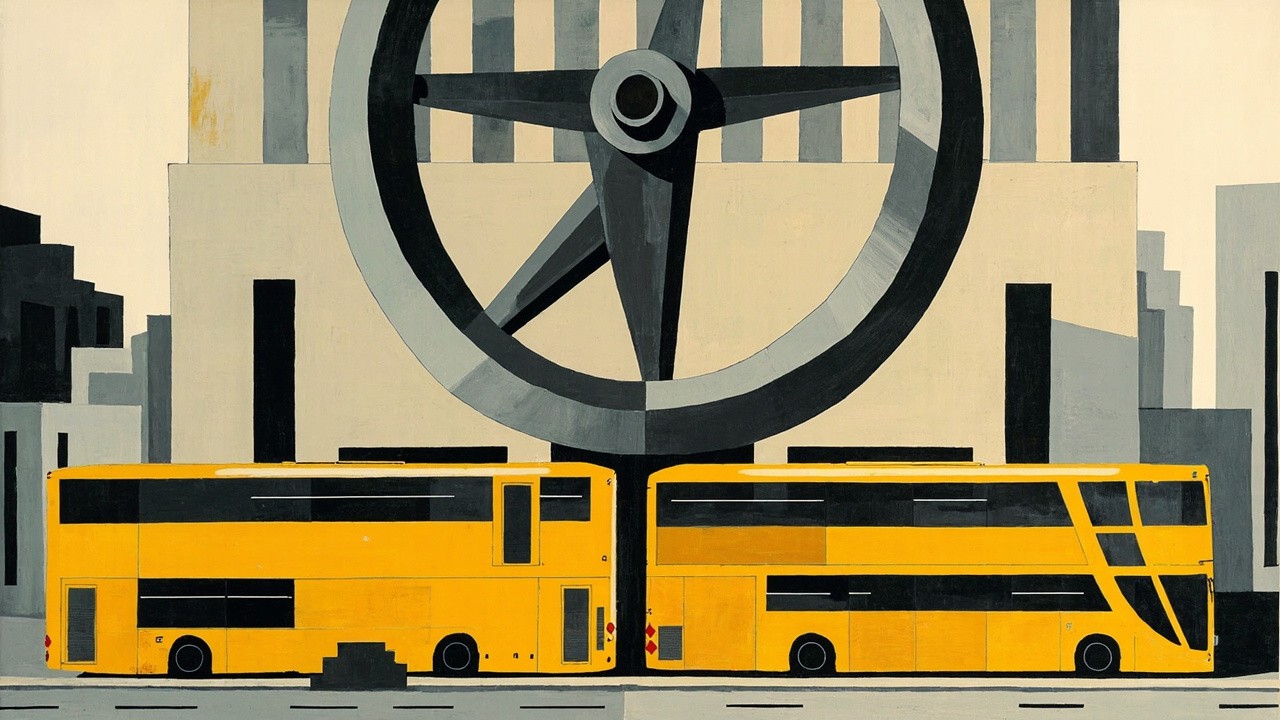 Cubist editorial of yellow geometric buses below a vast civic block holding a giant steering wheel