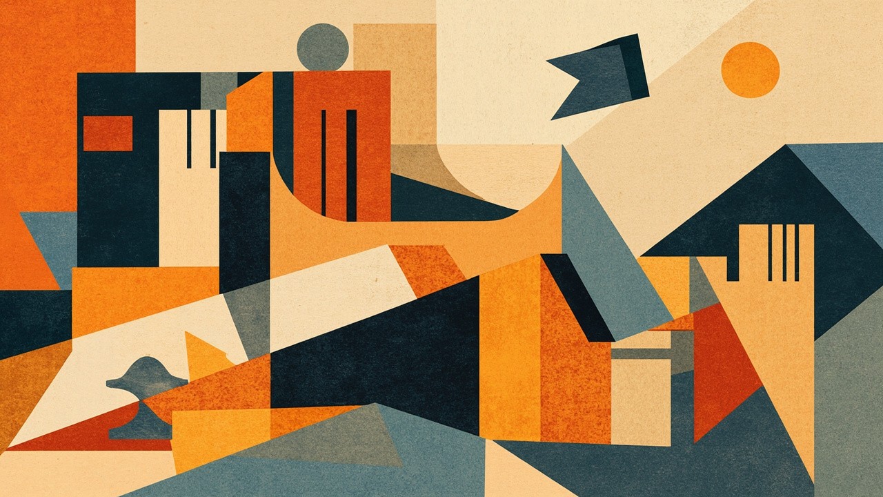Cubist editorial of angular crates stacked against a fractured customs barrier and rooftop planes