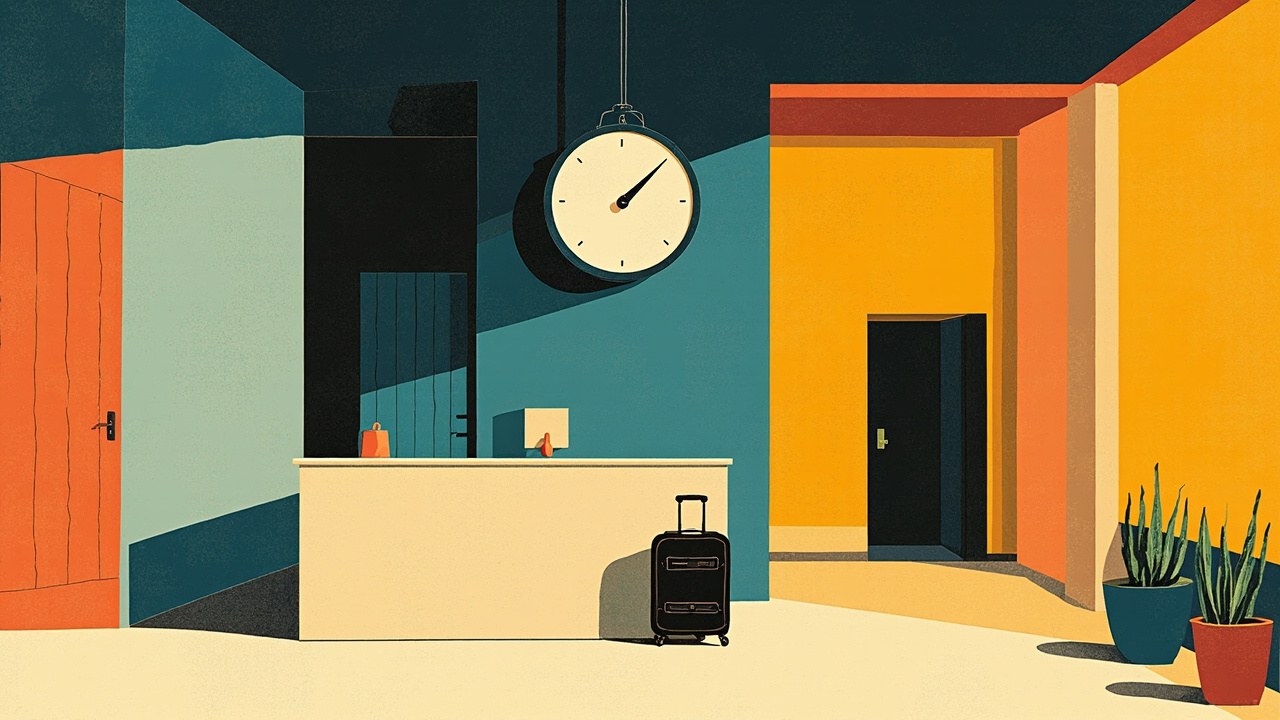 Cubist editorial of a hotel desk and suitcase under an open-ended meter