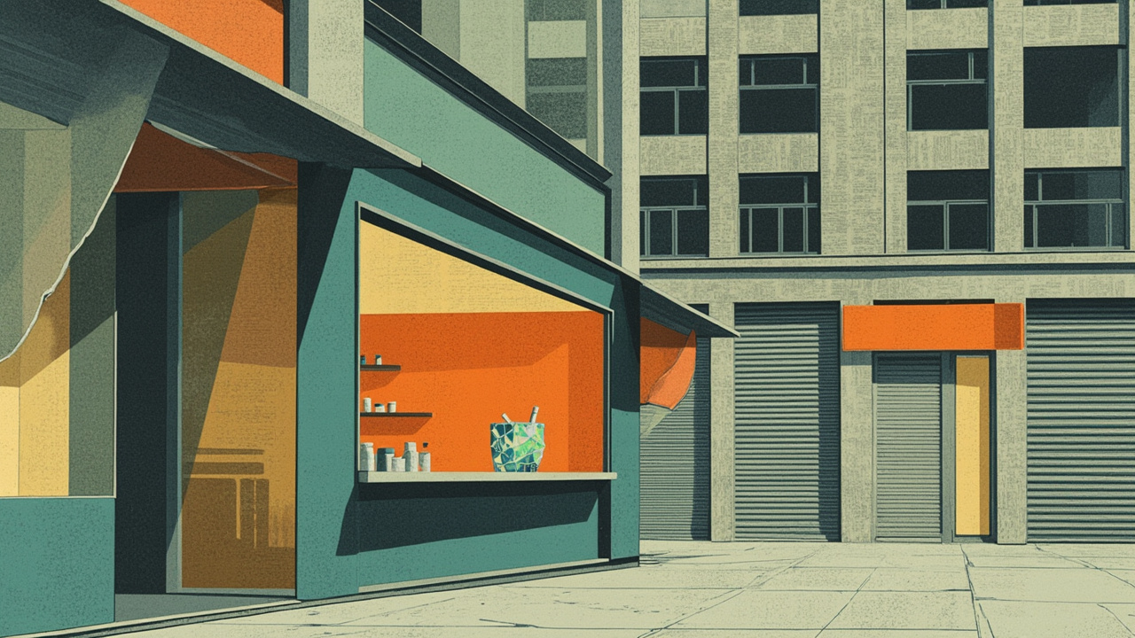 Cubist editorial of a small chemist counter under a vast grid of empty shop fronts