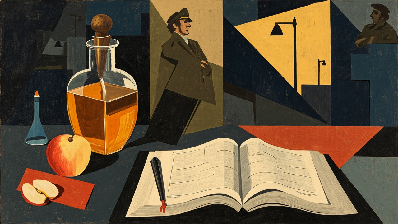 Cubist editorial of a honey jar and apple beside a July ledger and angular street patrol