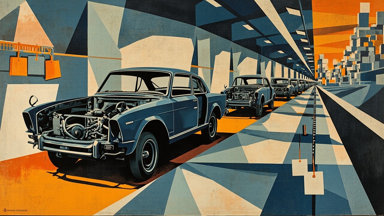Cubist editorial of a car plant, empty badges, and a distant year-block