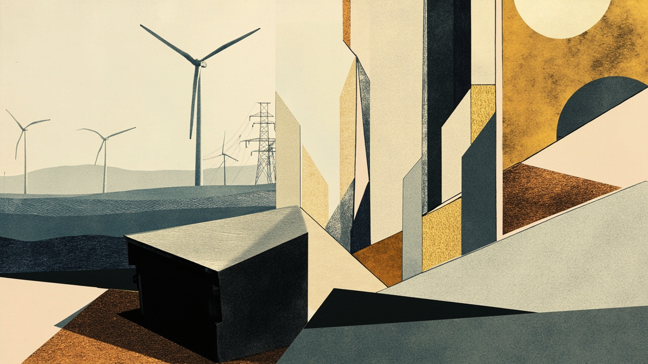 Cubist editorial of a small grant hatch beneath a fractured power station and turbine