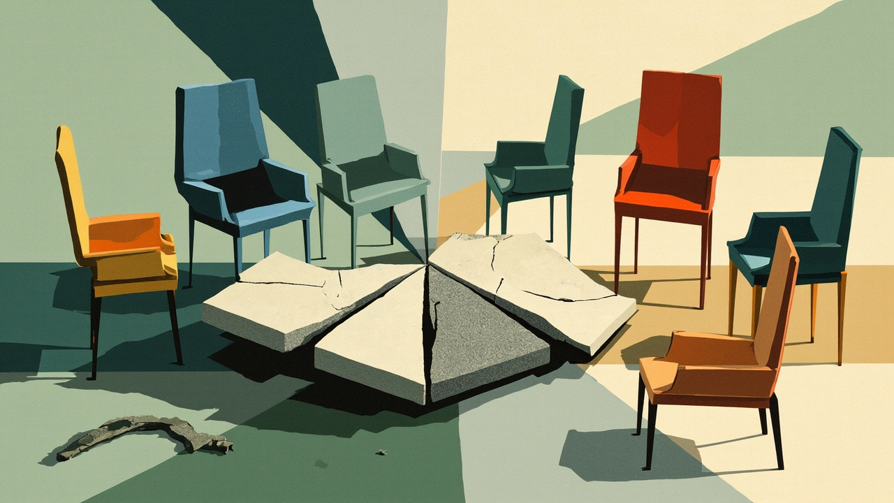 Cubist editorial of empty angular chairs around a fractured July table and a later-year clock