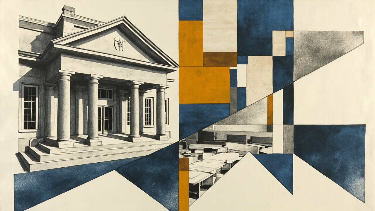 Cubist editorial of a split courthouse, empty waiting room, and a two-year calendar block