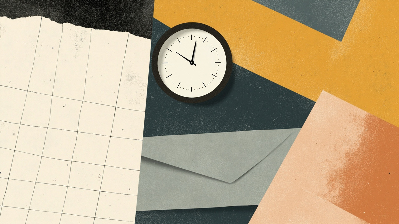 Cubist editorial of a split calendar, an empty wage envelope, and two blank weeks