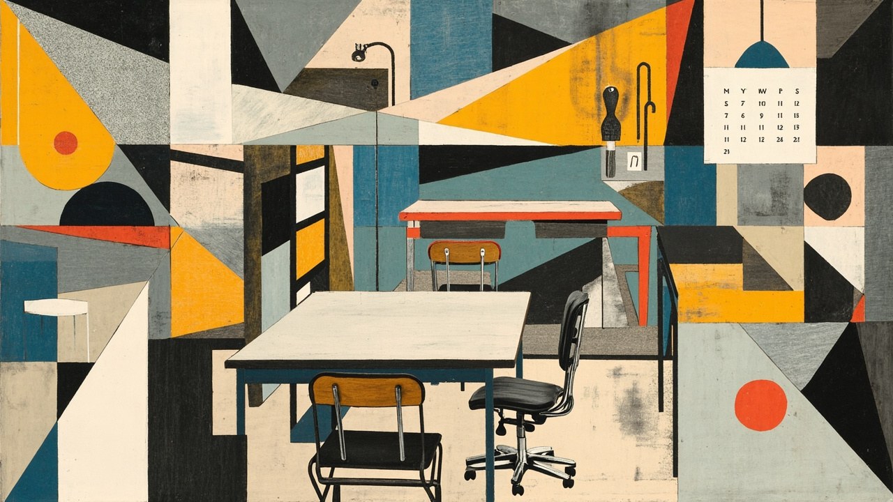 Cubist editorial of empty office desks, school chairs, and a blank calendar block
