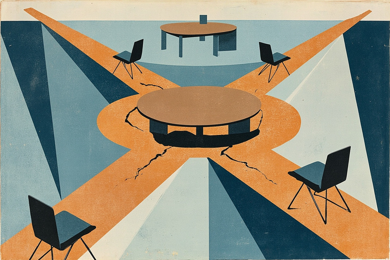Cubist editorial of a cracked Channel crossing, four empty roads, and a later-year summit table with no writing